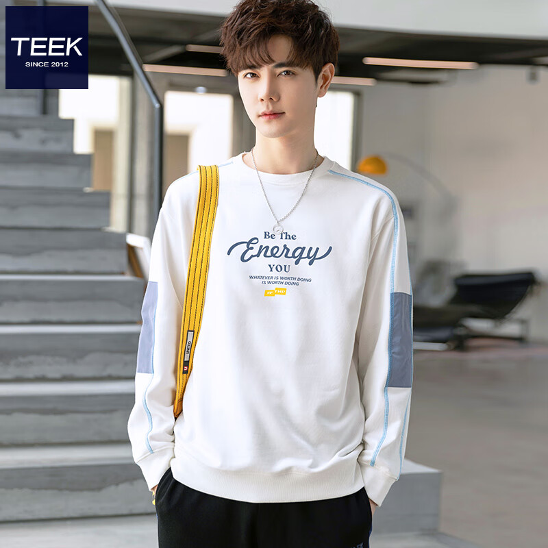TEEK时尚撞色圆领卫衣男生套头上衣服 2024潮流长袖衫秋季高中生男装 YC53B白色 185/XXL