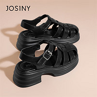 JOSINY 卓诗尼 凉鞋女复古罗马凉鞋粗跟厚底编织鞋 黑色 35 标准码