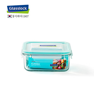 Glasslock 韩国耐热钢化玻璃保鲜盒正方形便当盒可微波炉食品储物盒 正方蓝圈 850ml