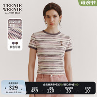 Teenie Weenie小熊女装2024夏新款短款撞色段彩条纹T恤短袖套头衫