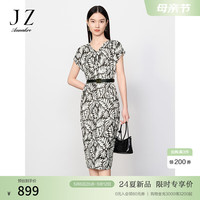玖姿·安娜蔻摩登复古印花压褶肌理感收腰垂坠连衣裙女2024夏季新款 花黑