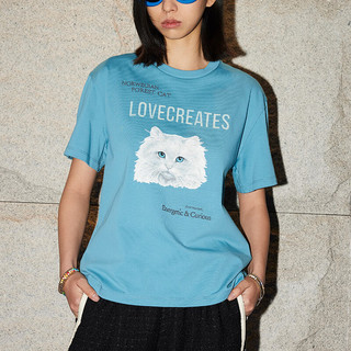 DAZZLE地素 T恤2024春季女装摩登复古设计猫咪肌理感短袖上衣 蓝色 XS