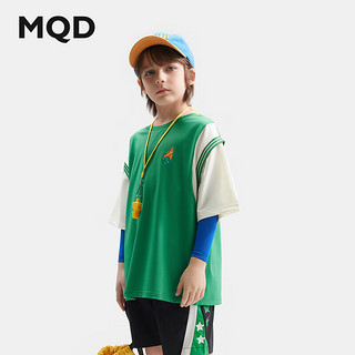 MQD 马骑顿 童装男童假两件短袖T恤24夏装男大童网眼透气篮球服体恤 森林绿 140cm