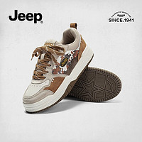 Jeep 吉普 女鞋2024新款女士秋冬复古运动休闲鞋山系厚底防滑小清新板鞋 白棕色 39(尺码正常，脚感舒适)
