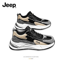 Jeep 吉普 男鞋夏季2024新款男士运动鞋耐磨软底皮面休闲鞋青年男款鞋子 黑灰 43 (标准运动鞋码)