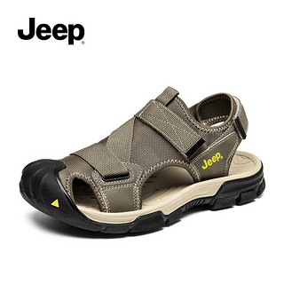 Jeep 吉普 包头凉鞋男士夏季外穿黑色运动休闲夏天男户外软底防滑沙滩鞋 深卡其色 39 皮鞋码