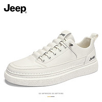 Jeep 吉普 男鞋2024新款夏季英伦商务男士休闲皮鞋软底舒适黑色运动板鞋 白色 39 (标准运动鞋码)