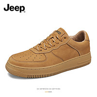 Jeep 吉普 男士板鞋2024新款头层牛皮软底运动休闲鞋英伦风百搭小白鞋潮 麦黄色 39 （标准运动鞋码）