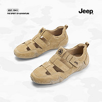 Jeep 吉普 女鞋包头镂空罗马凉鞋女夏季新款软底洞洞鞋休闲百搭运动凉鞋 沙色 35