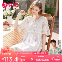 芬腾睡裙女【100%棉花卉】2024年夏季V领短袖蝶结套头外穿优雅家居服