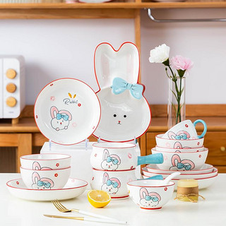 兔子陶瓷盘子可爱卡通家用餐具套装网红ins创意陶瓷面碗盘