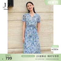 玖姿·安娜蔻轻熟浪漫碎花角瑾印花经典版茶歇裙连衣裙女2024夏新款 花天蓝