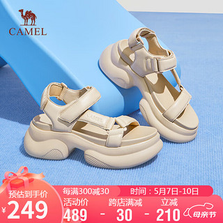 骆驼（CAMEL）休闲凉鞋女舒适羊皮松糕厚底魔术贴凉鞋 L24M577653 杏色 36 