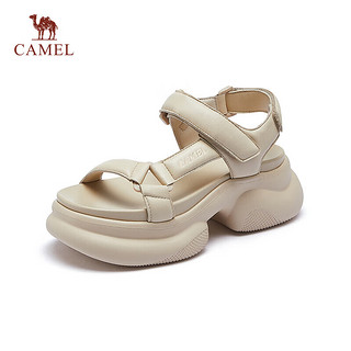 骆驼（CAMEL）休闲凉鞋女舒适羊皮松糕厚底魔术贴凉鞋 L24M577653 杏色 36 