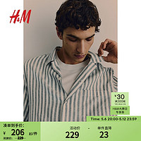 H&M男装衬衫2024夏季标准版型舒适亚麻混纺古巴领衬衫1218666 绿色/条纹 180/116