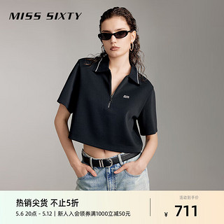 MISS SIXTY2024夏季短袖T恤女polo领拉链短款绣花美式复古风 黑色 XS