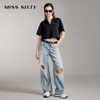MISS SIXTY2024夏季短袖T恤女polo领拉链短款绣花美式复古风 黑色 XS