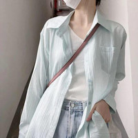 WEIMIYA 薇靡雅 长袖薄款防晒条纹衬衫上衣女设计感夏季宽松衬衣外套 水蓝色 均码80-140斤