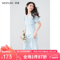 西遇V领碎花连衣裙2024年春夏季收腰褶皱法式甜美小裙子中长裙 蓝色 S