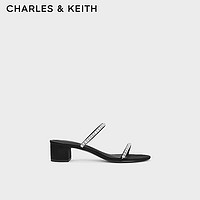 CHARLES&KEITH24春法式水钻粗跟一字带凉鞋拖鞋CK1-60920360 BLACK TEXTURED黑色纹理 39