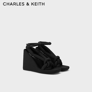 CHARLES&KEITH24春季绕绳粗条带厚底坡跟凉鞋女CK1-80580146 BLACK TEXTURED黑色纹理 37