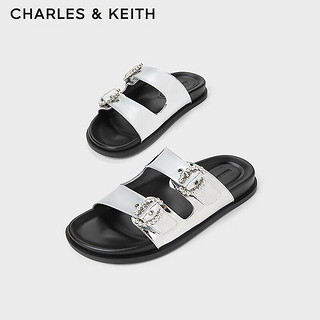 CHARLES&KEITH24夏亮钻圆扣平跟外穿休闲凉拖鞋CK1-71720050 Silver银色 38