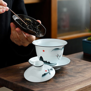 金镶玉 镶玉 家用陶瓷三才盖碗茶杯泡茶大号白瓷盖碗茶碗白鹤盖碗功夫茶具 云中白鹤盖碗