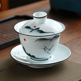 金镶玉 镶玉 家用陶瓷三才盖碗茶杯泡茶大号白瓷盖碗茶碗白鹤盖碗功夫茶具 云中白鹤盖碗
