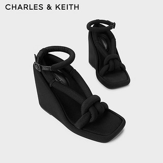 CHARLES&KEITH24春季绕绳粗条带厚底坡跟凉鞋女CK1-80580146 BLACK TEXTURED黑色纹理 36