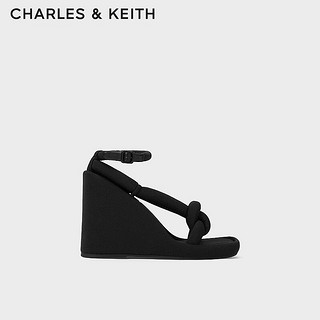 CHARLES&KEITH24春季绕绳粗条带厚底坡跟凉鞋女CK1-80580146 BLACK TEXTURED黑色纹理 35