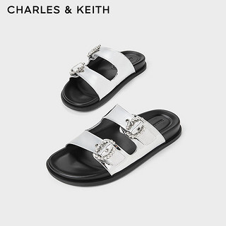 CHARLES&KEITH24夏亮钻圆扣平跟外穿休闲凉拖鞋CK1-71720050 Silver银色 39