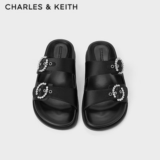 CHARLES&KEITH24夏亮钻圆扣平跟外穿休闲凉拖鞋CK1-71720050 BLACK TEXTURED黑色纹理 39