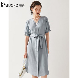 帕罗（PALUOPO）一粒扣收腰连衣裙中长款春夏纯色V领显瘦轻薄收腰V领气质女裙子 蓝灰 M(160/84A)
