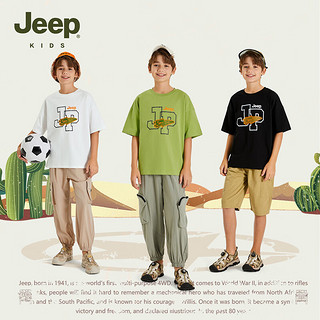Jeep吉普童装男童短袖T恤2024年夏装儿童字母印花百搭T桖 橄榄绿 140cm 【身高135-145】
