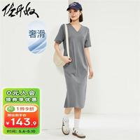 佐丹奴裙子女装纯棉双面布针织绑带破骨V领连衣裙 05464470 06别致灰 XL