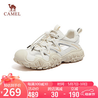 CAMEL 骆驼 登山鞋女密网拼接抽绳厚底休闲鞋 L24S245121W 米/杏(洞洞款) 38