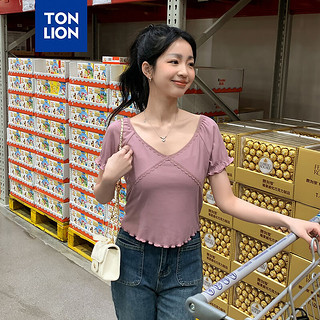 唐狮 TONLION2024新款女蕾丝花边净色V领短袖T恤TB