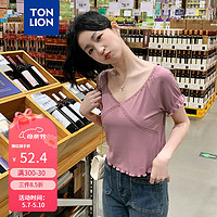 唐狮 TONLION2024女蕾丝花边净色V领短袖T恤TB 粉紫 L