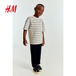 H&M童装男童T恤2024夏季纹理感圆领条纹宽松短袖上衣1233847 白色/米色条纹 110/56