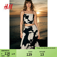 H&M2024夏季女装亚麻混纺短上衣1229601 黑色/花卉 160/88