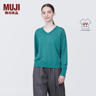 无印良品（MUJI） 女式 防紫外线麻混V领毛衣 长袖 针织衫 女款 防晒衣 BA1OHA4S 深绿色 M 160/84A