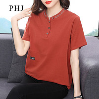 PHJ 短袖T恤女夏季洋气中年女士时尚显瘦减龄立领绣花上衣 橙色 2XL