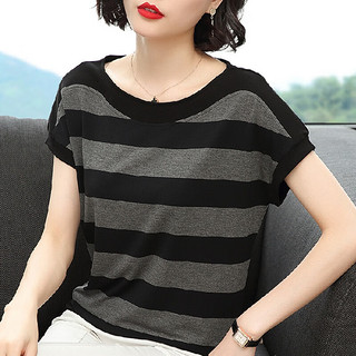 PHJ 短袖T恤女夏季新款韩版修身显瘦条纹半袖体桖衫中年女士圆领上衣