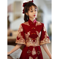 塞德勒小个子敬酒服新娘旗袍秋季中式结婚礼服女订婚回门连衣裙平时可穿 酒红色中长款 M