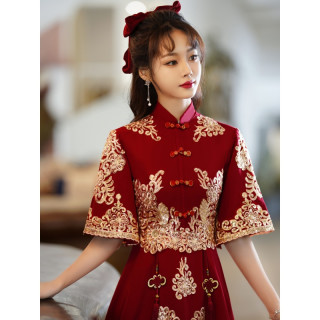 塞德勒小个子敬酒服新娘旗袍秋季中式结婚礼服女订婚回门连衣裙平时可穿 酒红色中长款 M