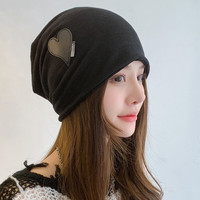 玉柳缘包头帽子女春秋天夏季薄款月子帽时尚韩版针织帽爱心保暖堆堆帽 黑色