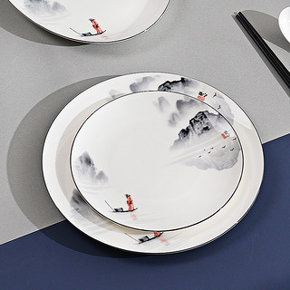 红牡丹 陶瓷餐具套装家用碗碟套装釉中彩盘子骨瓷碗具组合中式米饭碗 江山如画6英寸月光盘4个
