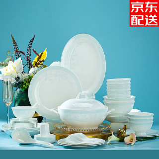 锦秋堂 景德镇骨瓷餐具套装家用陶瓷器碗碟 釉中彩荷塘月色中式国潮