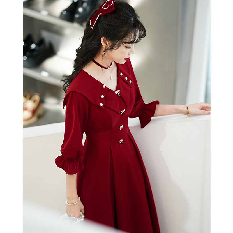 茗瑾萱敬酒服新娘酒红色订婚礼服连衣裙小个子平时可穿感女V领便装 酒红色中长款 M