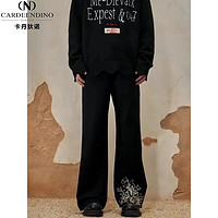 卡丹狄诺 美式做旧黑色牛仔裤刺绣裤脚廓形Cleanfit拼接休闲印花直筒长裤